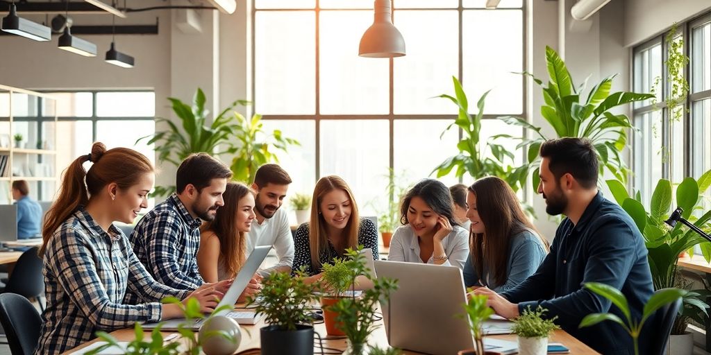 Diverse entrepreneurs collaborating in a modern workspace.