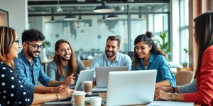 Group of entrepreneurs collaborating in a modern office.