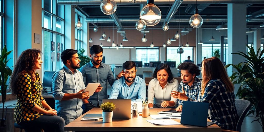 Diverse entrepreneurs collaborating in a modern workspace.