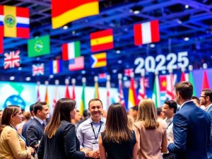 Profesioniști discutând despre francize internaționale la conferință.