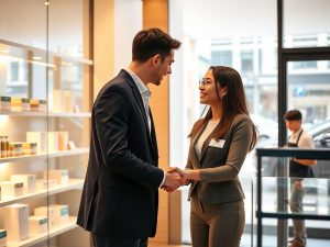 Doi parteneri de afaceri își strâng mâna într-un magazin modern