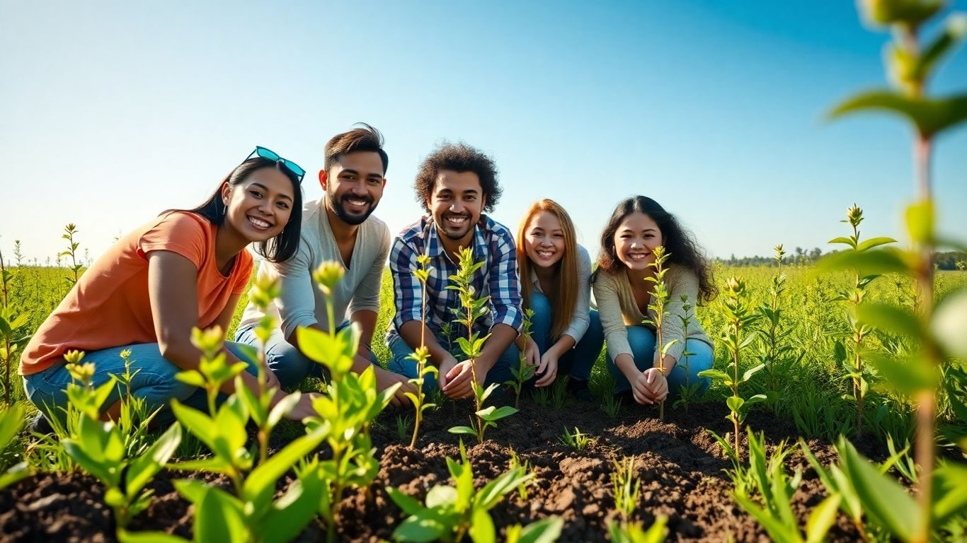 Antreprenori tineri plantează copaci într-un peisaj verde.