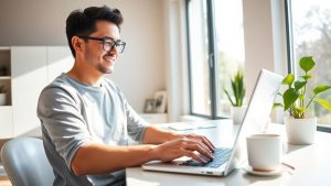 Persoană lucrând la laptop acasă, cu lumină naturală.